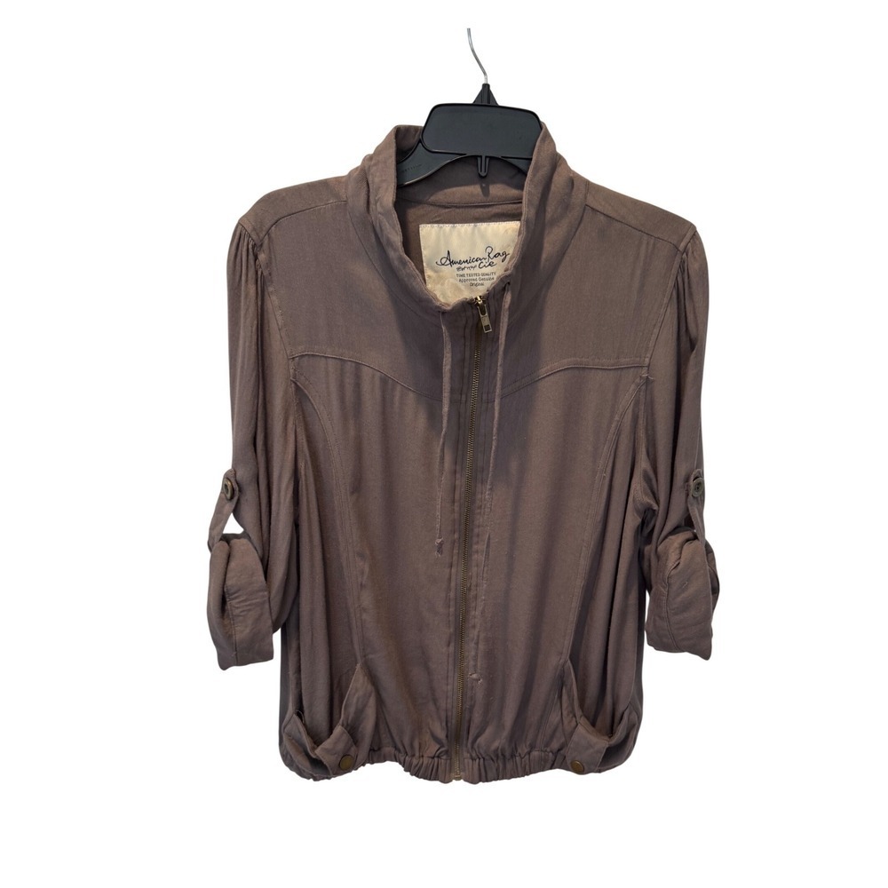American Rag Taupe Brown Rayon Utility Bomber Jacket 3/4 Roll Tab Sleeve
